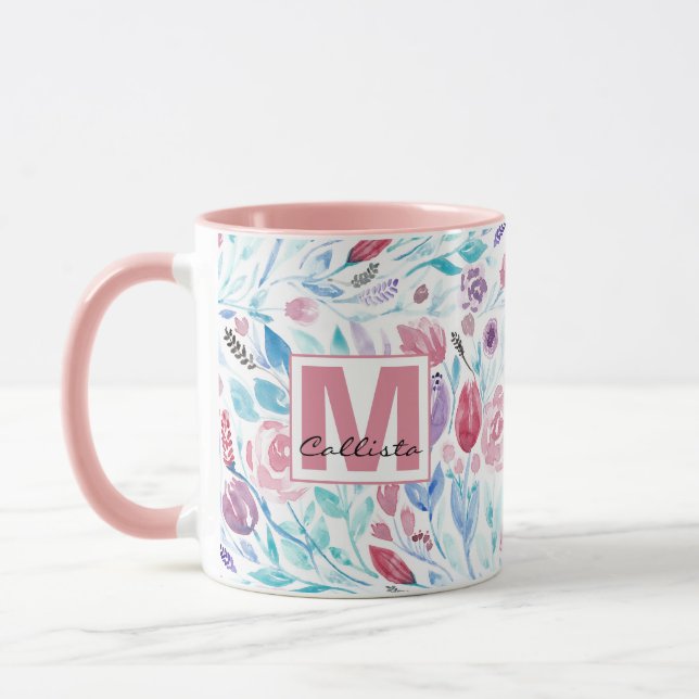 Pink Teal Blue Spring Watercolor Flowers Monogram Mug (Left)