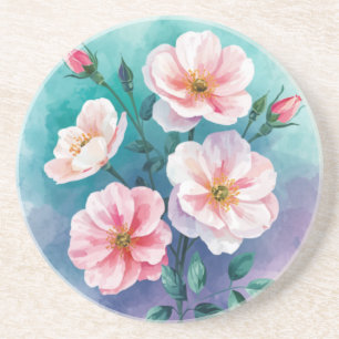 Pink Teal Blue Wild Roses In Watercolor Coaster