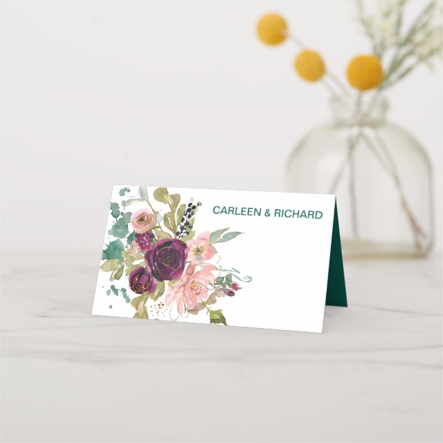 Pink Teal Burgundy Floral Wedding Place Card (Back)