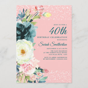 Pink Teal Cream Floral 40th Birthday Invitation