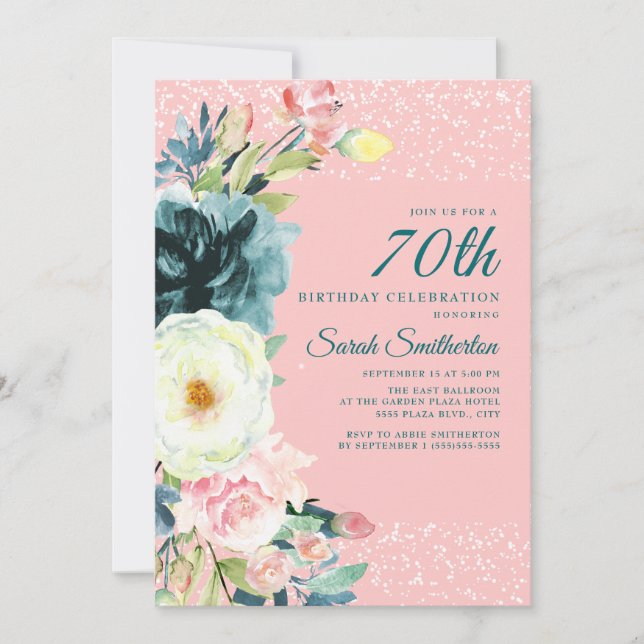 Pink Teal Cream Floral 70th Birthday Invitation (Front)