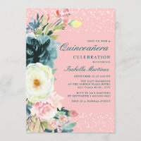 Pink Teal Cream Floral Quinceanera Birthday