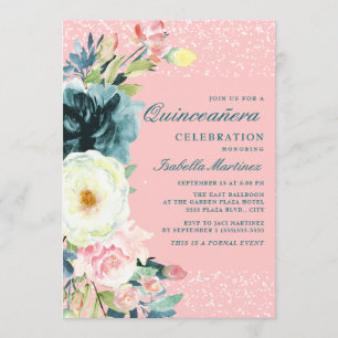 Pink Teal Cream Floral Quinceanera Birthday Invitation