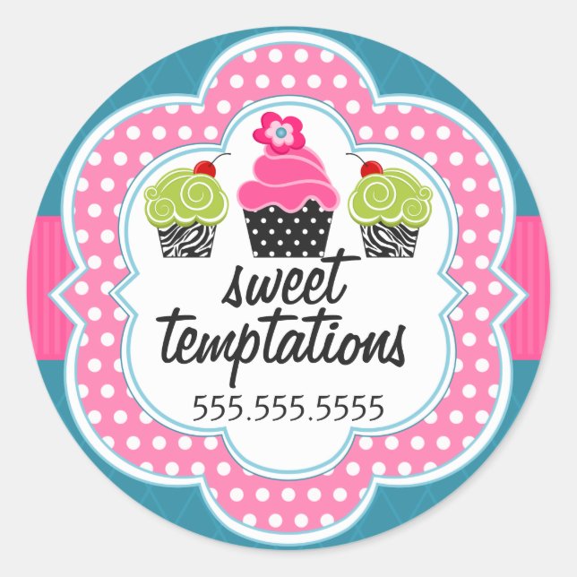 Pink Teal Cupcake Bakery Business Classic Round Sticker (Front)