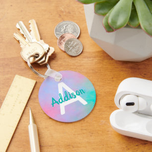 Pink Teal Custom Name Soft Fading Colour Watercolo Keychain