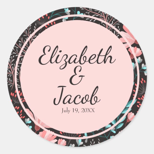 Pink & Teal Dark Floral Pattern Classic Round Sticker (Front)