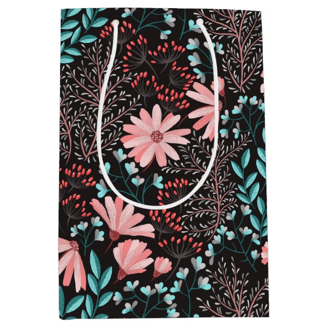 Pink & Teal Dark Floral Pattern Medium Gift Bag (Front)