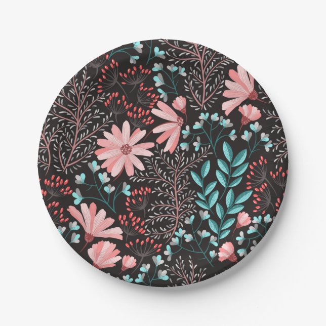 Pink & Teal Dark Floral Pattern Paper Plate (Front)