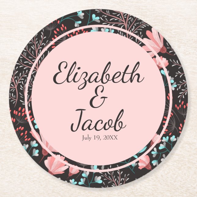 Pink & Teal Dark Floral Pattern Round Paper Coaster (Front)