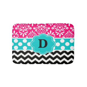 Pink Teal Dots Chevron Monogram Bathmat