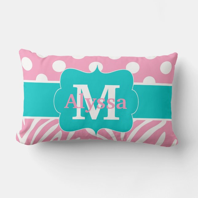 Pink Teal Dots Zebra Personalized Lumbar Pillow (Front)