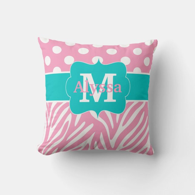 Pink Teal Dots Zebra Personalized Throw Pillow (Front)