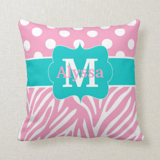 Pink Teal Dots Zebra Personalized Throw Pillow