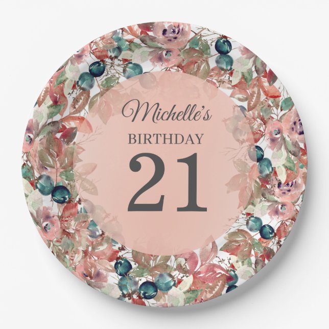Pink Teal Floral 21st Birthday Paper Plate (Front)