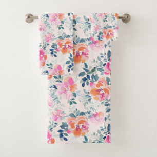 Pink & Teal Floral Pattern Bath Towel Set