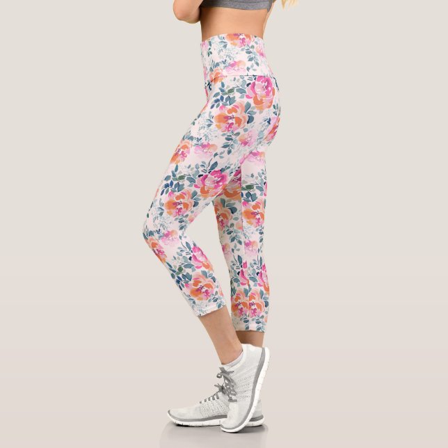 Pink & Teal Floral Pattern Capri Leggings (Left)