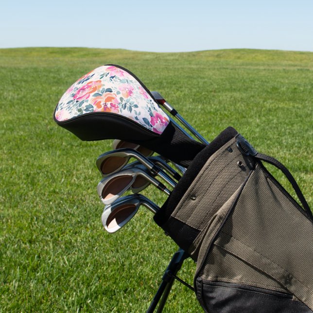 Pink & Teal Floral Pattern Golf Head Cover (In Situ)