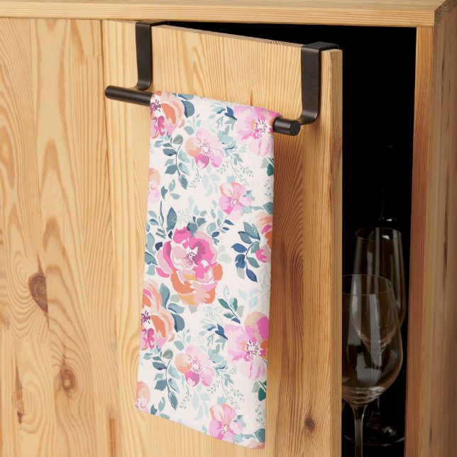 Pink & Teal Floral Pattern Kitchen Towel (Thirds Fold)
