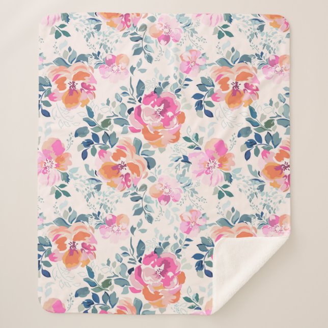 Pink & Teal Floral Pattern Sherpa Blanket (Front)