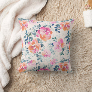 Pink & Teal Floral Pattern Throw Pillow