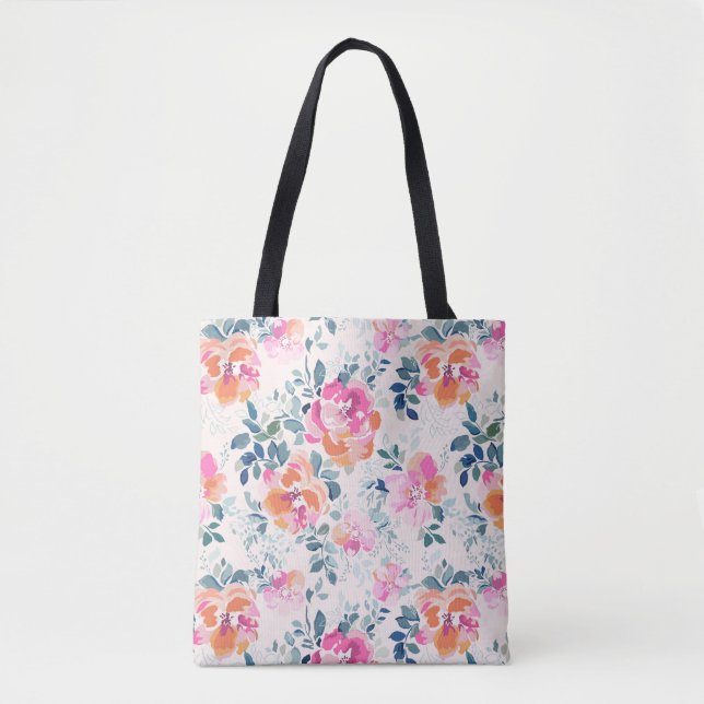 Pink & Teal Floral Pattern Tote Bag (Front)