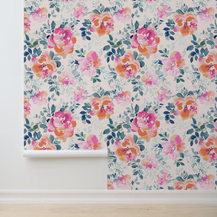 Pink & Teal Floral Pattern Wallpaper