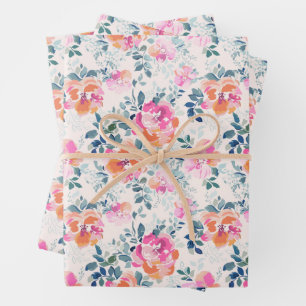 Pink & Teal Floral Pattern Wrapping Paper Sheet