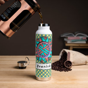 Pink-Teal Flower Ribbon by Kenneth Yoncich Water Bottle