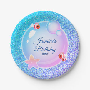 Pink Teal Glitter Girly Mermaid Birthday Party Paper Plate
