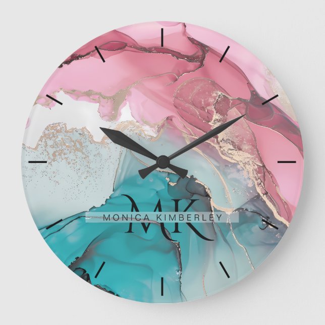 Pink Teal Gold Agate Stone Monogram Name Large Clock (Front)