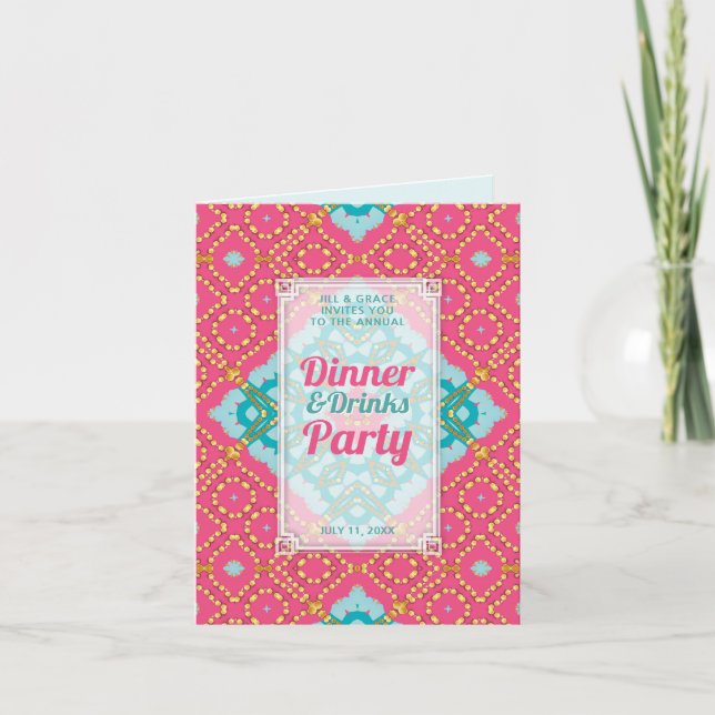 Pink Teal Gold Boho Chic Dinner Drinks Party Invitation (Front)