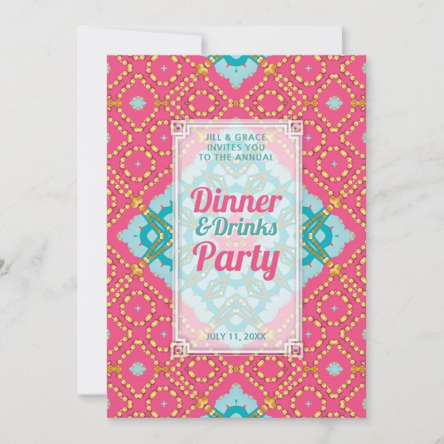 Pink Teal Gold Boho Chic Dinner Drinks Party Invitation (Front)