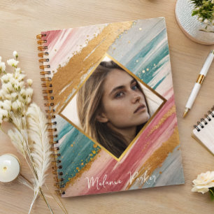 pink teal gold paint personalized photo notebook