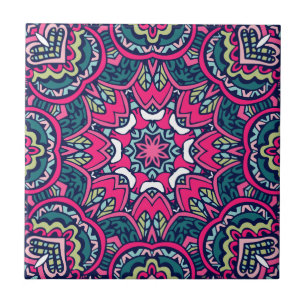 Pink, Teal & Green Vibrant Floral Mandala Tile