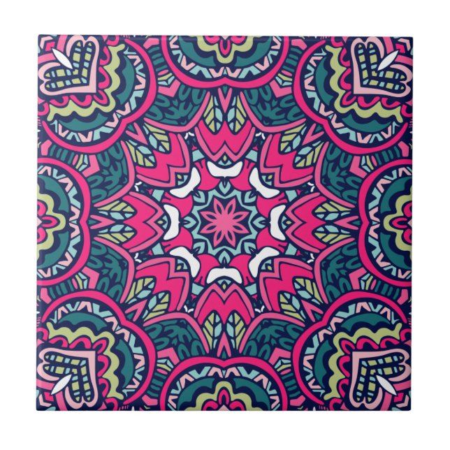 Pink, Teal & Green Vibrant Floral Mandala Tile (Front)