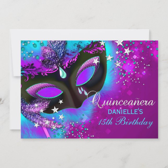 Pink & Teal Masquerade Quinceanera Invitation (Front)