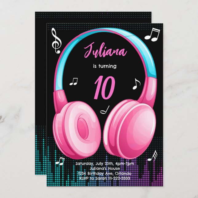 Pink Teal Musical Birthday Invitation (Front/Back)