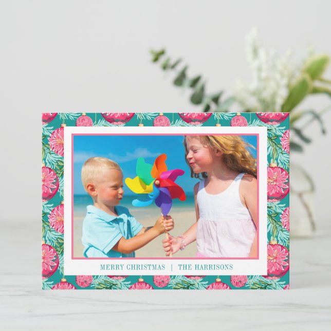 Pink & Teal Preppy Christmas Ornament Photo Holiday Card (Standing Front)