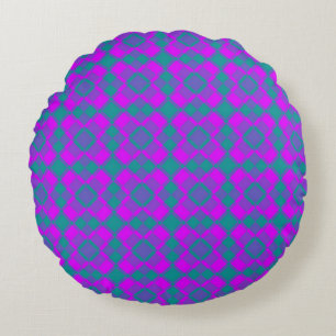 Pink Teal Purple Checker Argyle Pattern Round Pillow