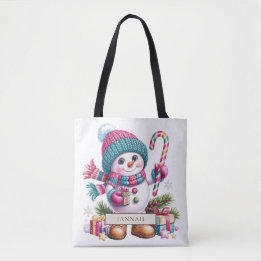 Pink Teal Snowman Candy Cane Christmas Name Tote Bag