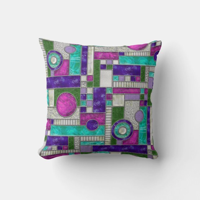 Pink Teal Stained Glass Throw Pillow (Front)