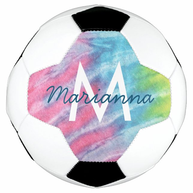 Pink Teal Tie Dye Name and Initial Personalized Soccer Ball (Front)