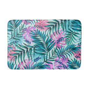 Pink & Teal Tropical Palm & Monstera Leaves Bath Mat