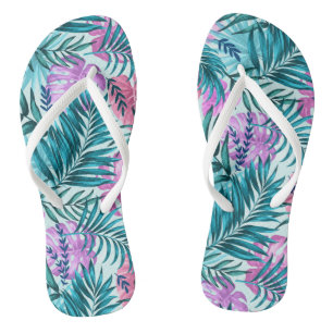 Pink & Teal Tropical Palm & Monstera Leaves Flip Flops