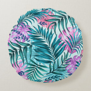 Pink & Teal Tropical Palm & Monstera Leaves Round Pillow