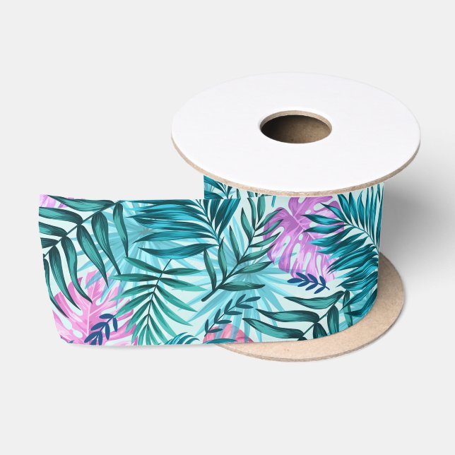 Pink & Teal Tropical Palm & Monstera Leaves Satin Ribbon (Spool)