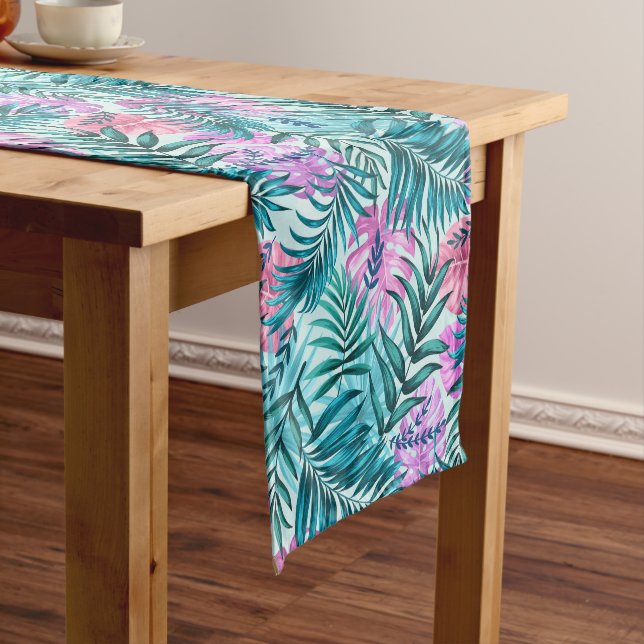 Pink & Teal Tropical Palm & Monstera Leaves Short Table Runner (In Situ)