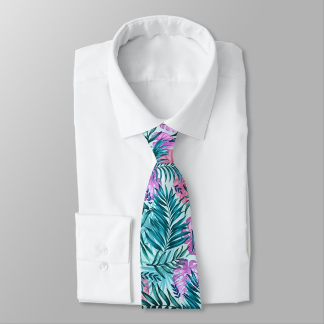 Pink & Teal Tropical Palm & Monstera Leaves Tie (Tied)