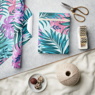Pink & Teal Tropical Palm & Monstera Leaves Wrapping Paper