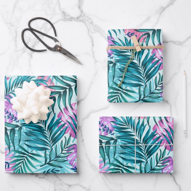 Pink & Teal Tropical Palm & Monstera Leaves Wrapping Paper Sheet (Front)